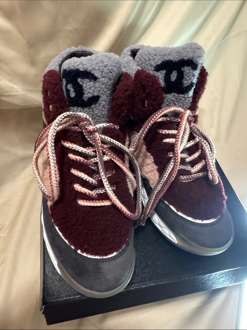 CHANEL womens Burgundy & Gray Shearling High-Top Sneakers